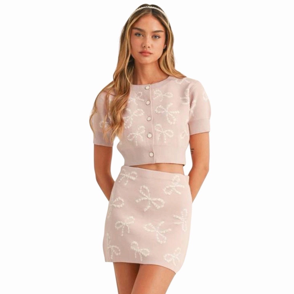 Maven‎ Pink Knit Short Sleeve Cardigan Skirt Set Embroidered Bows Size Small